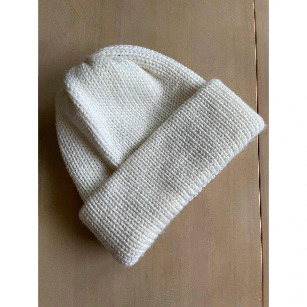 100% Wool Made In USA Cream Off-White Ivory Beanie Cap Winter Hat Warm One Size